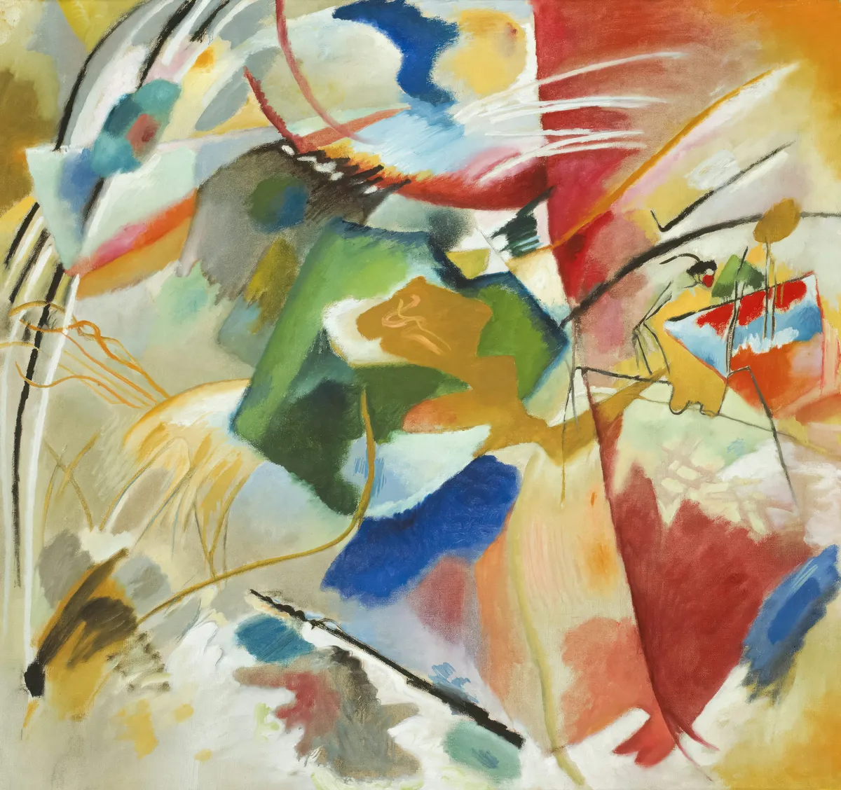 Abstract painting with colorful planes and expressive black lines by Wassily Kandinsky
